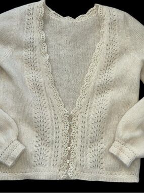 Sezane Cream Lace-Trim V-Neck/Back (reversible) Cardigan